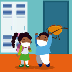 Girl and boy kid cartoon with masks at school with lockers and bags vector design