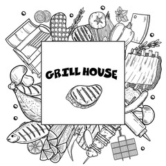 BBQ and grill menu with sketch objects isolated on white background. Hand drawn barbecue elements around text. Grill menu design template.