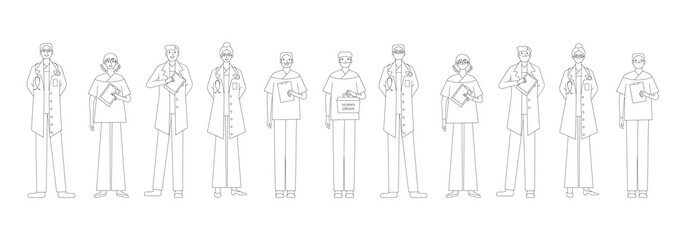 Collection of medical workers. Team of medics wearing fase masks. Isolated on white background. Flat style monochrome illustration.