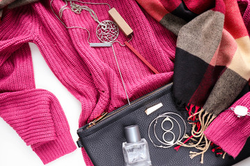 women's fashion. sweater, scarf, bag. women's accessories.