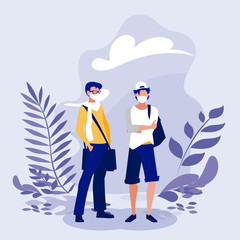 Men with masks and leaves outside vector design