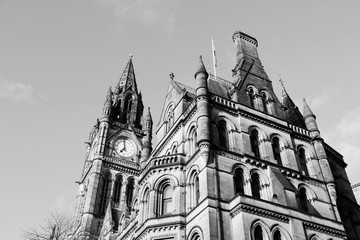 Manchester, England. City Hall. Black and white retro style.