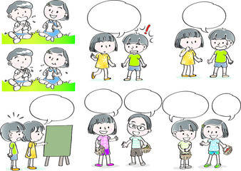school kids with speech bubble set