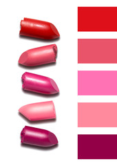 Creative concept photo of cosmetics swatches beauty products lipstick on white background.