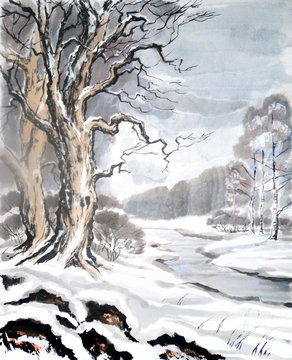 Watercolor of winter landscape. Chinese traditional ink painting. Stock illustration in oriental style.