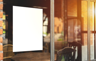 Mockup billboards or white promotion poster displayed on the front of the restaurant, coffee shop...