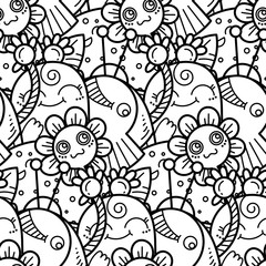 Fototapeta premium Kawaii seamless pattern of friendly doodle monsters,cute and fun variety of colors animals