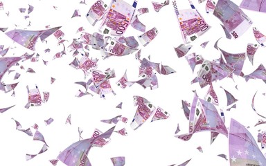 Flying euro banknotes isolated on a white background. Money is flying in the air. 500 EURO in color. 3D illustration