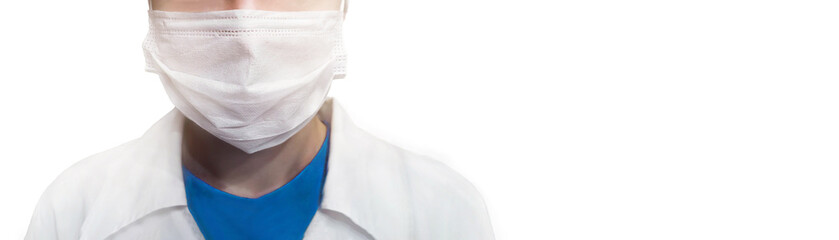 Doctor in protective medical mask and medical gown on isolated white background, empty space for your design