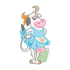 Happy cartoon smiling cow in cute dotted dress with apron and milk bucket