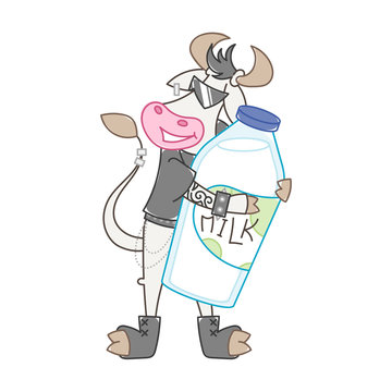 Happy cartoon metal music smiling cow with a big bottle of milk