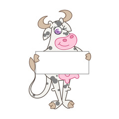 Happy cartoon smiling cow with ribbon poster