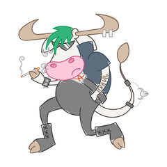 Angry cartoon metal music punk cow with cigarette