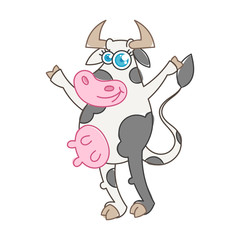 Happy cartoon smiling cow in jump with greetings