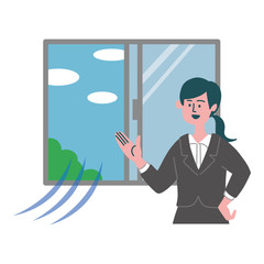女性　スーツ　士業　窓　換気