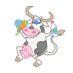 Obraz na płótnie Canvas Happy cartoon smiling cow with a bottle of milk and flowers