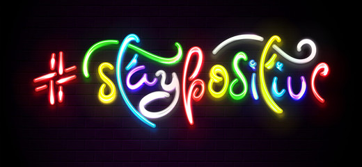 Neon light shiny vector phrases on night brick background