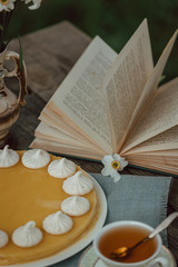 Lemon cake with meringues on a wooden garden table with white narcissus flowers and book