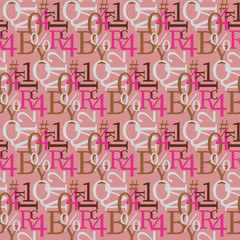 Set of vector seamless patterns. Latin alphabet, numbers, math symbols.