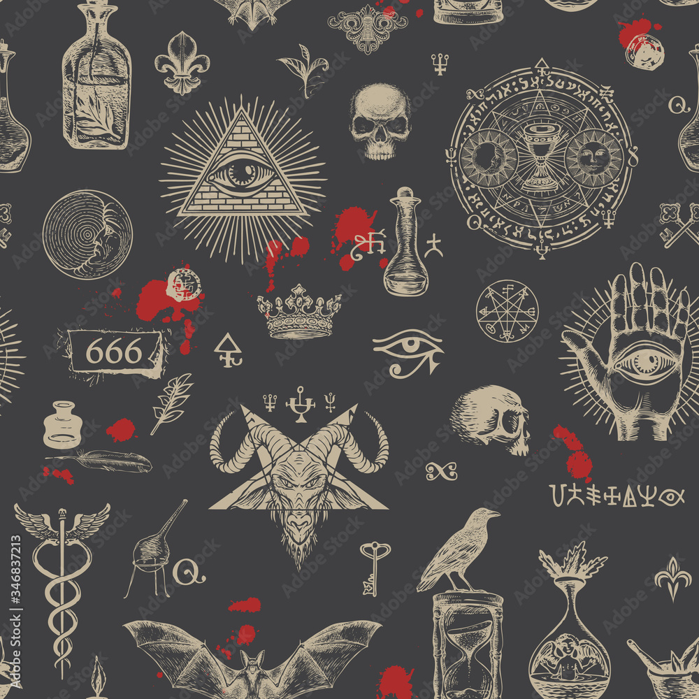 Canvas Prints vector seamless pattern on a theme of satanism, occultism and freemasonry in retro style on black ba