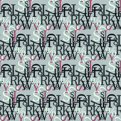 Set of vector seamless patterns. Latin alphabet, numbers, math symbols.