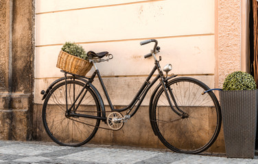 Fototapeta na wymiar retro bicycle in front of a brick wall in the street with a basket of green flowers