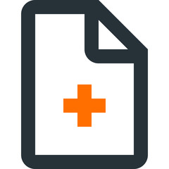Add new file vector icon. Orange plus. Create new file. Make new file. Grey icon with orange plus.