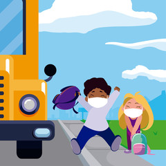 Girl and boy kid cartoon with masks and school bags and bus vector design
