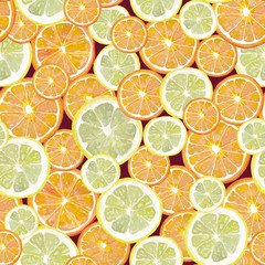 Watercolor painting, seamless pattern. tropical fruits, citrus fruits, slices of lemon and orange. Trendy stylish art background