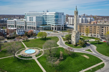 Fototapeta na wymiar Milwaukee, WI / USA - May 07,2020: Ascension Columbia St Mary Hospital in Milwaukee aerial view featuring the North Point Water Tower