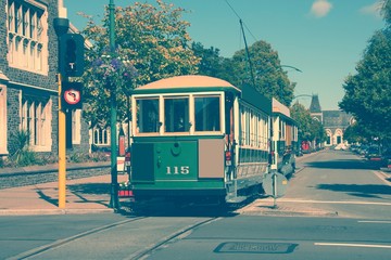 Fototapeta na wymiar Christchurch tram in New Zealand. Vintage filtered colors style.