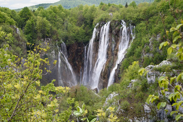 Waterfalls seen from the viewpoint, in the Plitvice Lakes Nature Park, forest reserve located in central Croatia, Europe.