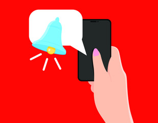 Smartphone with notifications icon in hand. New notification (Bell of Notice) on mobile phone screen. Vector illustration of new message or other notice. Flat style. EPS 10.