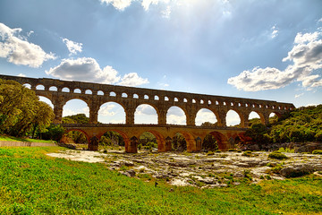 The world famous Pont du Gard, an aqueduct from the time of the Romans, historical building in the south of France