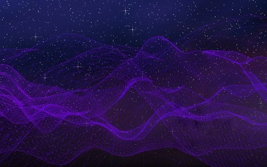 Abstract ultraviolet landscape on a dark background. Purple cyberspace grid. hi tech network. Outer space. Violet starry outer space texture. 3D illustration