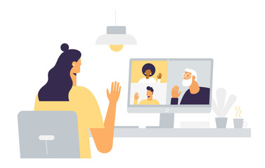Young girl with friends in a video chat. Online meeting of family and grandfather. Remote communication on the internet. People wave their hands on the monitor screen. Vector illustration, flat design