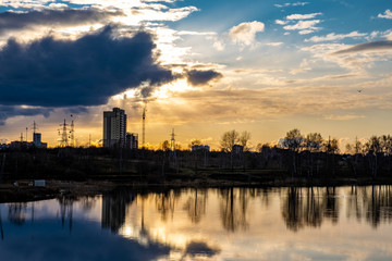 Obraz premium Orange sunset over the city of Ivanovo and the river Uvod.