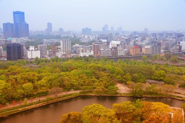 Fototapeta na wymiar Air pollution in Japan - Osaka. Filtered image style.