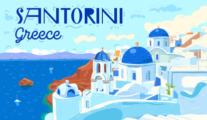 Santorini island, Greece. Beautiful traditional white architecture and Greek Orthodox churches with blue domes over the caldera, Aegean Sea. Scenic travel background. Flat vector illustration - obrazy, fototapety, plakaty