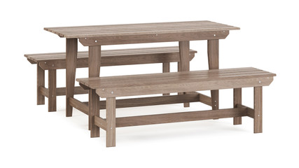 Garden, outdoor furniture isolated on white background. Wooden dining area. Clipping path included. 3D rendering.