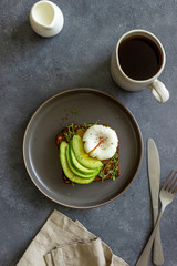 Sandwich with avocado and poached egg. Healthy eating Vegetarian food. Breakfast.