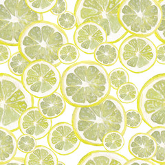 Watercolor painting, seamless pattern. tropical fruits, citrus fruits, slices of lemon. Trendy stylish art background