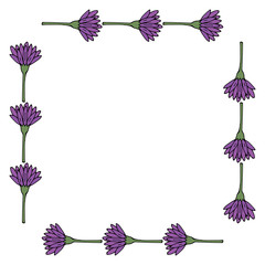 Square frame with horizontal violet flowers on white background. Vector image.