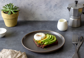 Sandwich with avocado and poached egg. Healthy eating Vegetarian food. Breakfast.
