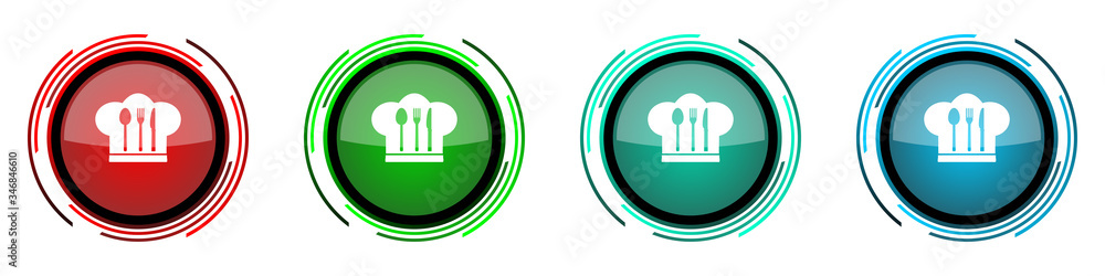 Poster chef hat round glossy vector icons, cook and kitchen set of buttons for webdesign, internet and mobi