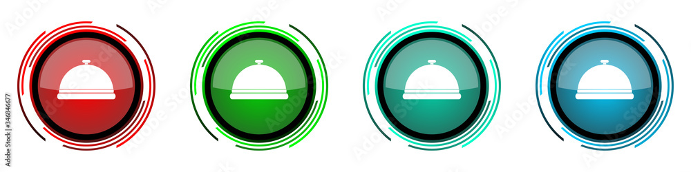 Poster Restaurant round glossy vector icons, food service set of buttons for webdesign, internet and mobile phone applications in four colors options isolated on white background