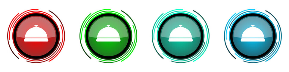 Restaurant round glossy vector icons, food service set of buttons for webdesign, internet and mobile phone applications in four colors options isolated on white background