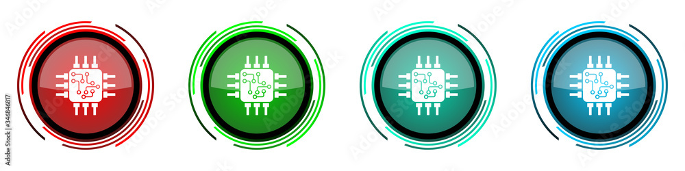 Aufkleber Circuit round glossy vector icons, technology, chip, processor set of buttons for webdesign, internet and mobile phone applications in four colors options isolated on white background