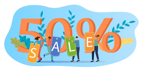 People hold posters from the sale.In the background, a large discount.Flat vector illustration.