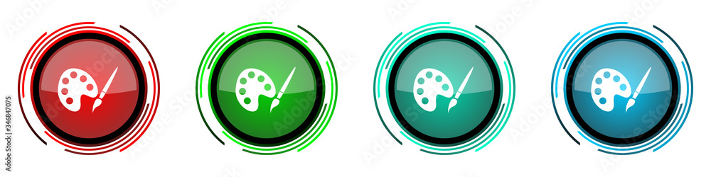 Leinwandbilder Paint brush round glossy vector icons, palette, art set of buttons for webdesign, internet and mobile phone applications in four colors options isolated on white background